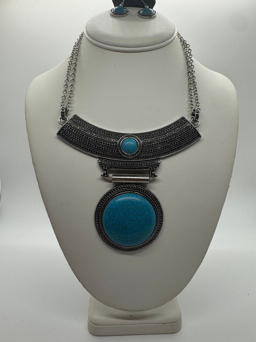 Paparazzi Turquoise Crackle Statement Necklace Earrings Set Silver